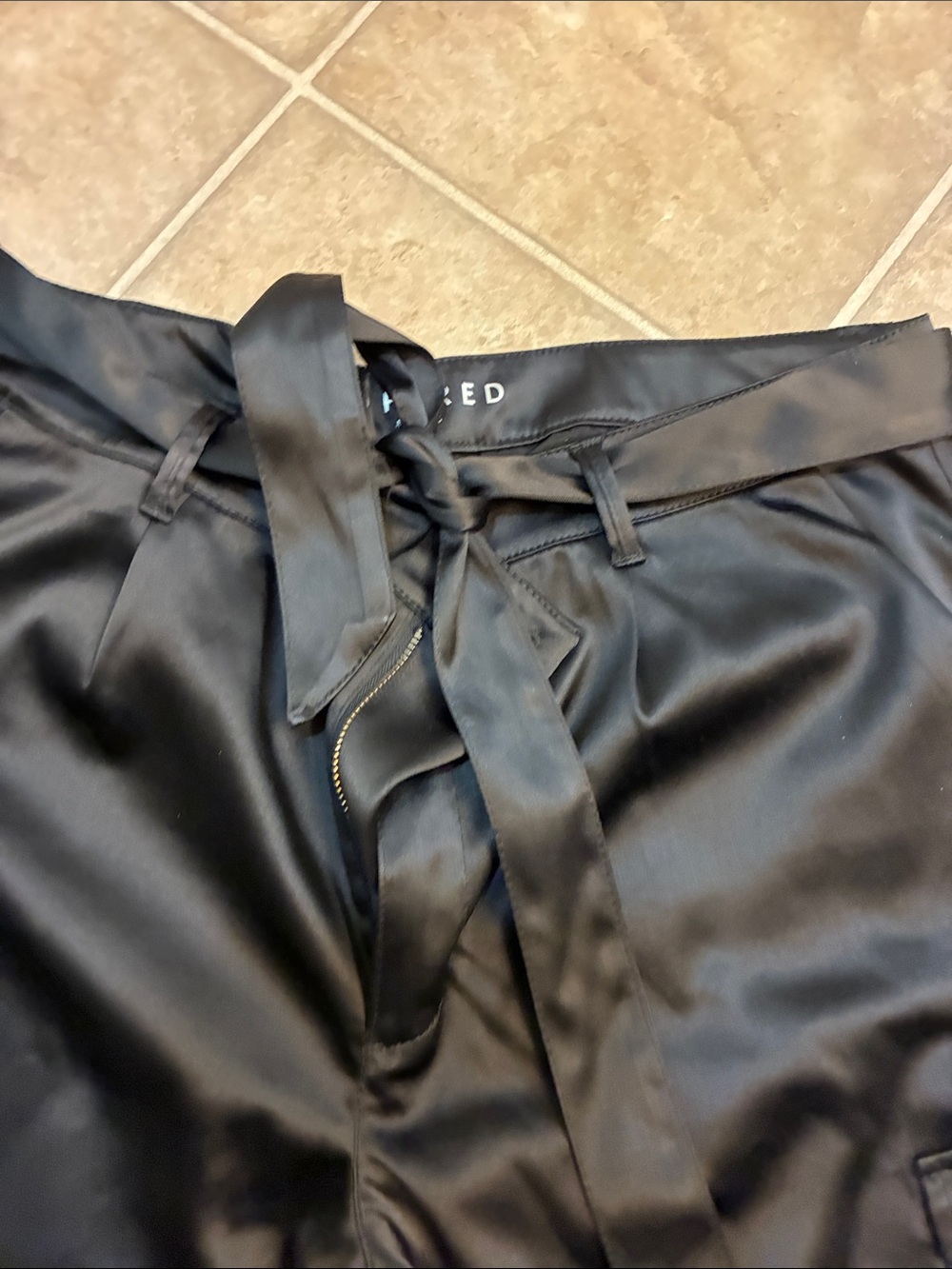 White House Black Market Black Satin Cargo Pants with Waist Tie tapered ankle - Picture 3 of 4